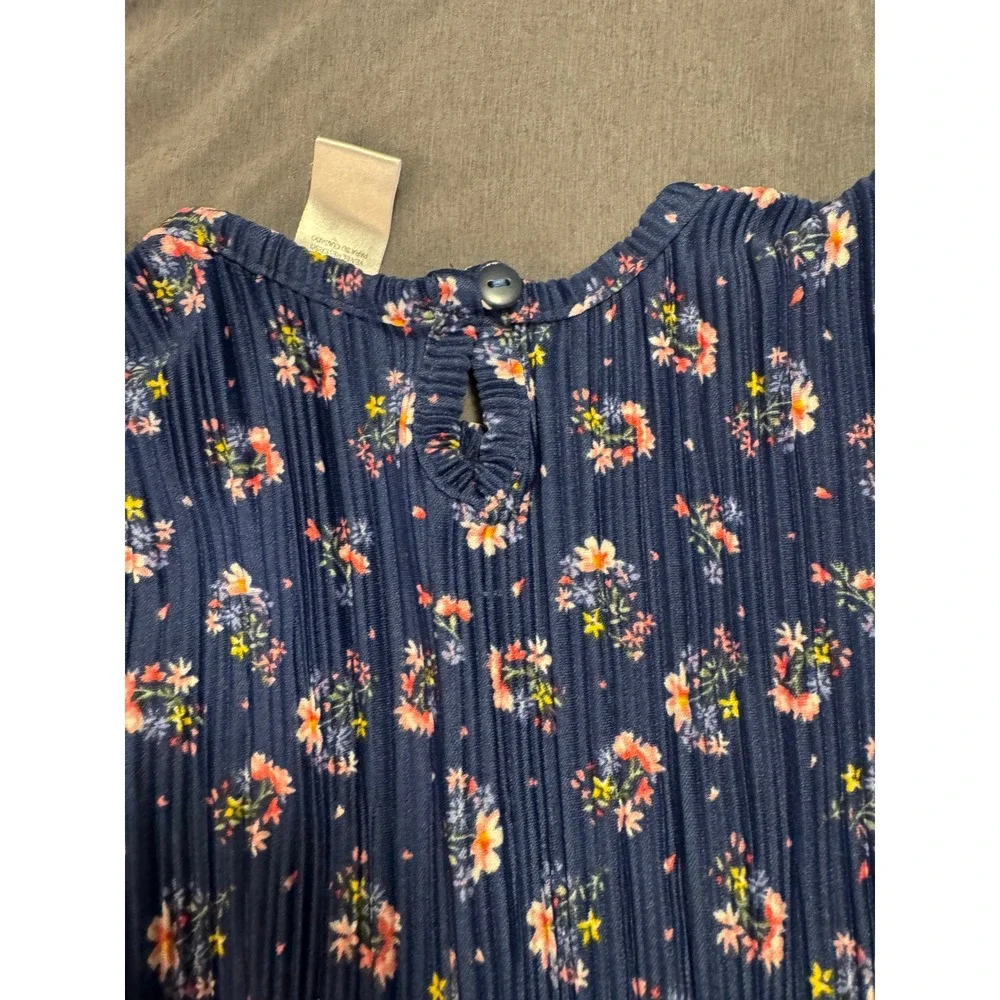 Navy Blue Floral Plissé Pleated Tiered Dress Short Puff Sleeve 4T